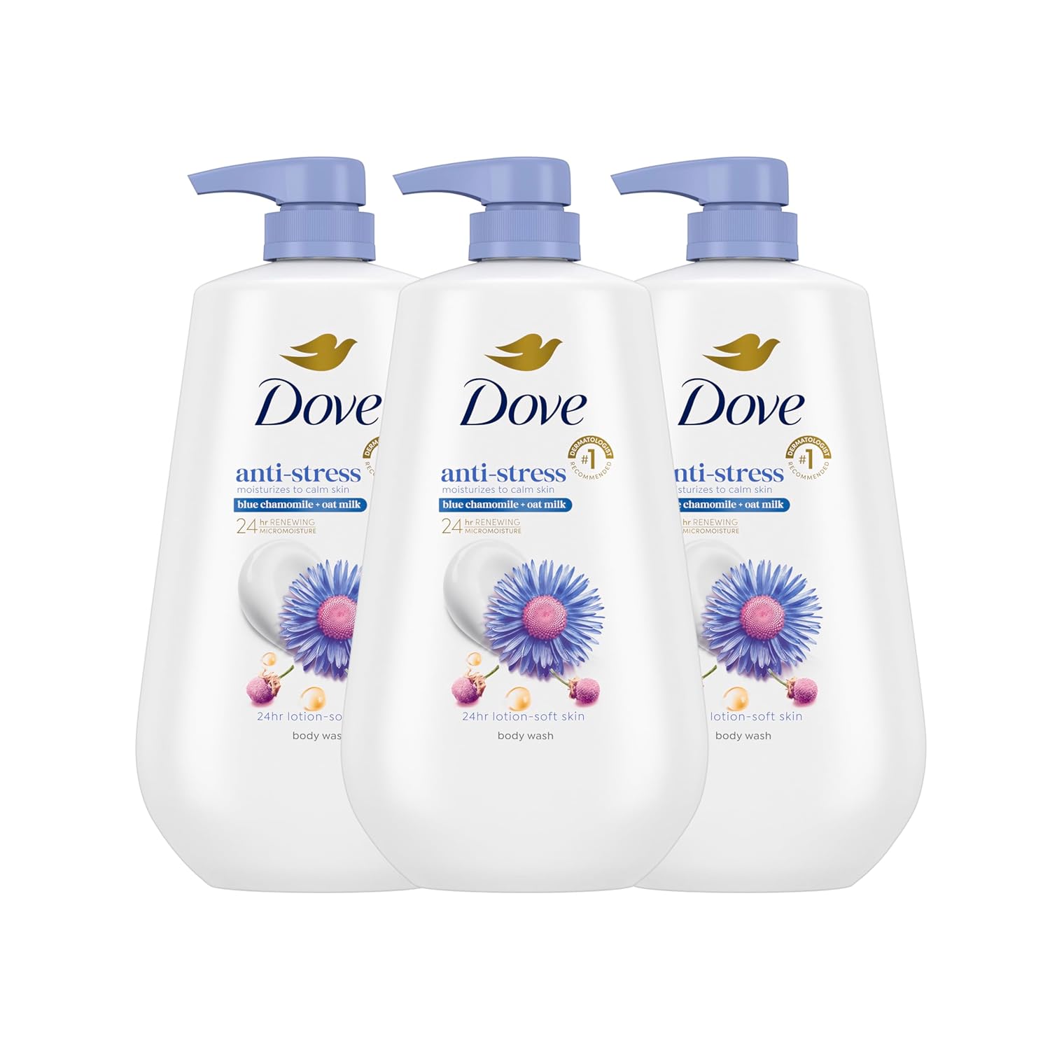 Dove Body Wash With Pump 3 Count Anti-Stress Blue Chamomile & Oat Milk, For 24Hr Lotion-Soft Skin Moisturizing Skin Cleanser With No Sulfates No Parabens