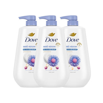 Dove Body Wash With Pump 3 Count Anti-Stress Blue Chamomile & Oat Milk, For 24Hr Lotion-Soft Skin Moisturizing Skin Cleanser With No Sulfates No Parabens