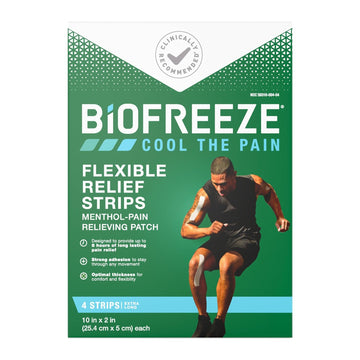 Biofreeze Pain Relief Flexible Strips Pre-Cut, 4Ct. Pain Relief for Sore Muscles, Arthritis, Backaches, Sore Joints, Sprains, Strains, and Bruises (Packaging May Vary)