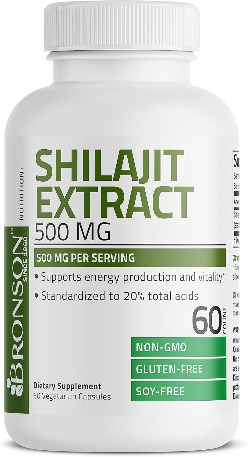 Bronson Shilajit Extract 500 MG Per Serving, Supports Energy Production & Vitality, Standardized to 20% Total Acids, Non-GMO, 60 Vegetarian Capsules : Health & Household