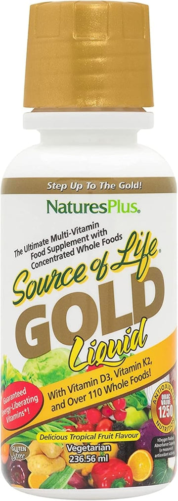Natures Plus Source Of Life Gold Multivitamin Liquid - 8 Oz - With Vitamins D3, B12 & K2 - Blood, Bone & Immune Support - Vegetarian & Gluten Free - 8 Servings