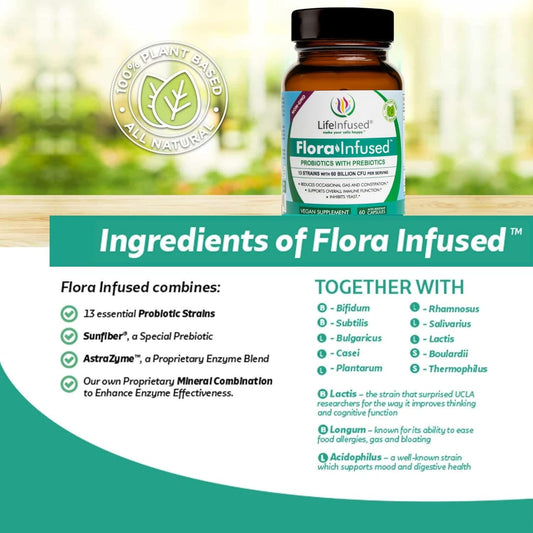 Life Infused - Flora Infused Probiotics With Prebiotics – 50 Billion Cfu, 13 Strains, A Proprietary Enzyme Blend To Promote Digestive Health And Enhance Immune Function. Vegan - 60 Capsules