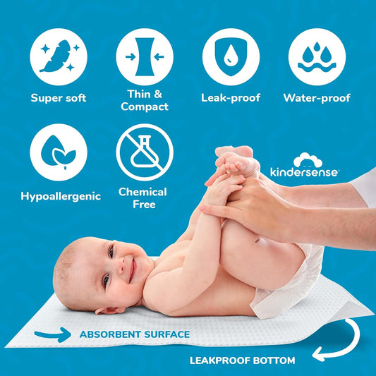 Kindersense® Disposable Changing Pads For Baby Diaper (100 Sheets) | Portable Changing Pad Liners (23" X 17.5") | Paper Top Layer - Waterproof Bottom Layer | Leak Proof Infant Changing Mat
