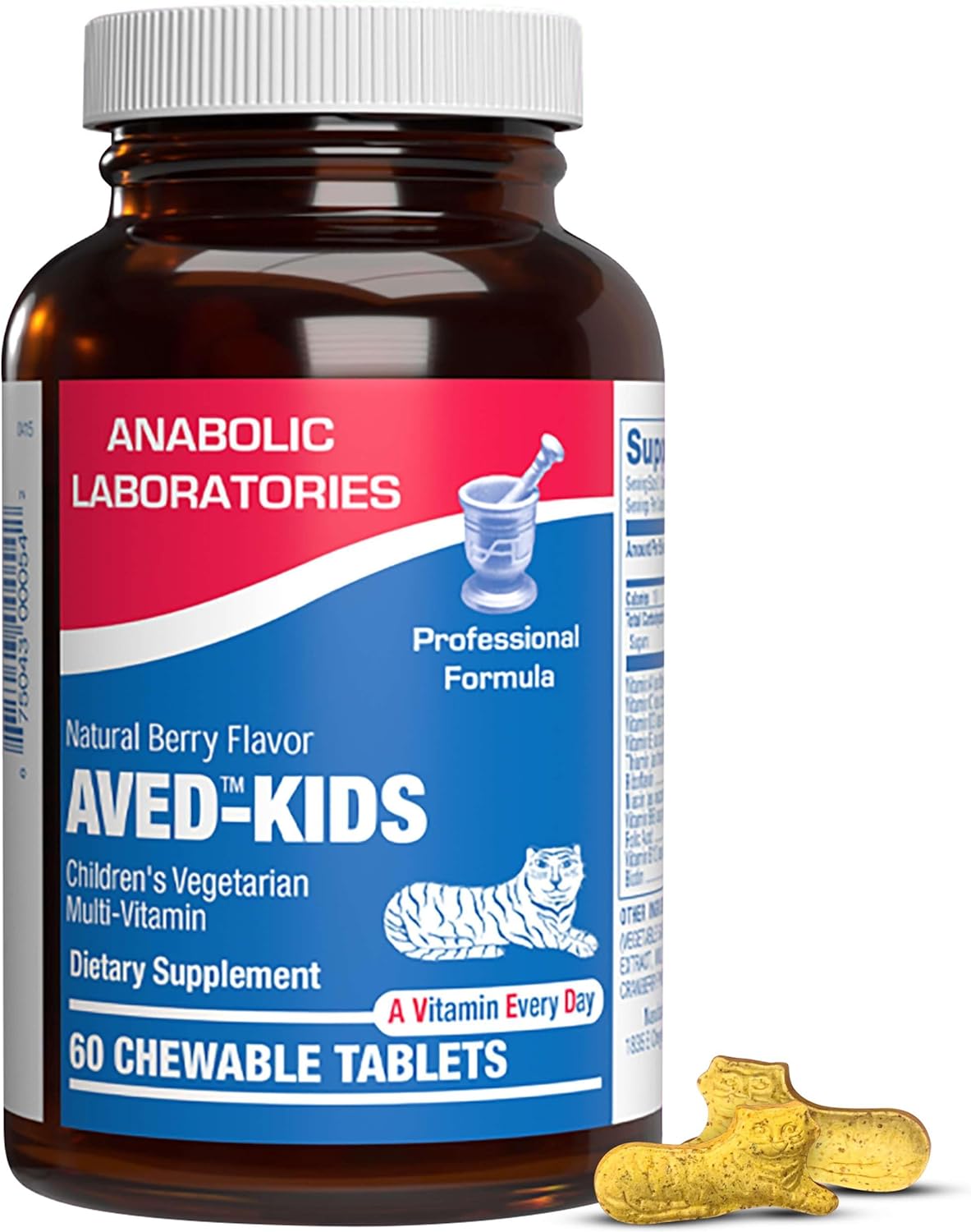 Vitamins for Kids Multivitamin with Iron - 60 Chewable Tiger Tablets with Vitamins A, B-Complex, C, D, E, Iron, Calcium, Magnesium, Zinc, and More - Natural Berry Flavor - AVED Kids