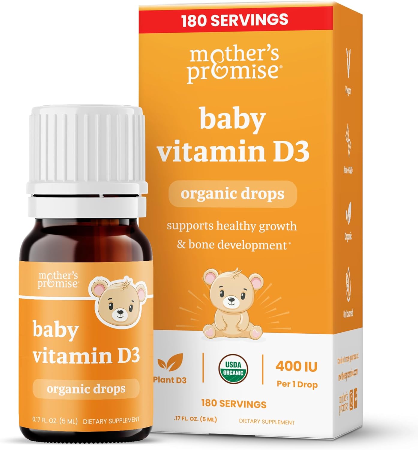 Organic Vitamin D Drops For Babies, Infants & Toddlers | 100% Plant-Based, 180 Servings 400 Iu Baby Vitamin D3 Liquid Supplement | Supports Healthy Growth, Bones, Heart & Immune Health For Newborns
