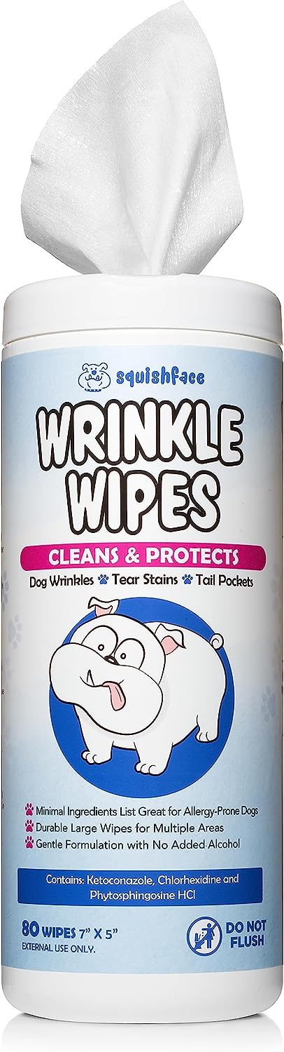 Squishface Wrinkle Wipes – 5”x7” Large Dog Wipes - Deodorizing, Tear Stain Remover – Great for English Bulldog, Pugs, Frenchie, Bulldogs, French Bulldogs & Any Breed! 5x7