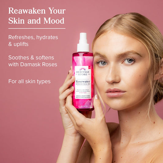 Heritage Store Rosewater - Refreshing Facial Mist For Glowing Skin With Damask Rose, All Skin Types - Rose Water Spray For Face, Made Without Dyes Or Alcohol, Hypoallergenic, Vegan, Cruelty Free, 12Oz