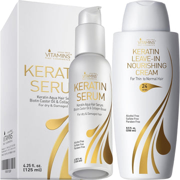 Vitamins Keratin Thin Hair Leave-In Conditioner and Hair Serum Kit - Ultra Hydrating No Rinse Nourishing Cream and Heat Protectant, Anti Frizz Gloss Boost - Pro Salon Care for Dry Damaged Hair