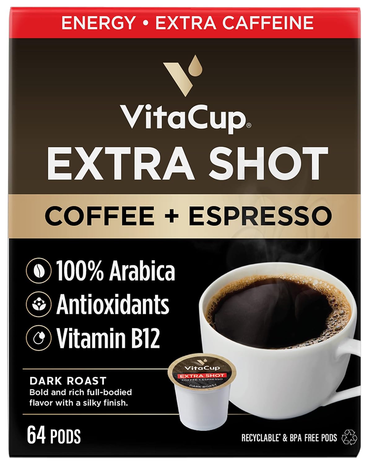 Vitacup Extra Shot Strong Coffee Pods, Bold & Intense Dark Roast W/Espresso Shot, High Caffeine, Vitamin B12, Antioxidants, Recyclable Single Serve Pod Compatible W/Keurig K-Cup Brewers, 64Ct