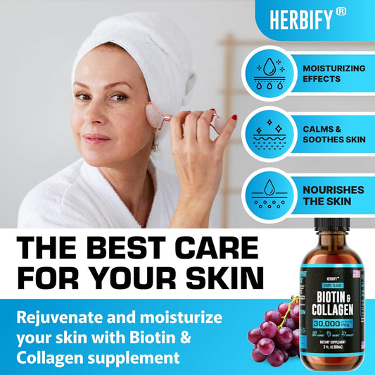 Herbify Collagen And Biotin Liquid Drops - Faster Absorption Supplement For Hair Growth And Stronger Nails - Hair Skin And Nails Vitamins For Women And Men - B7 Supplement - Made In Usa