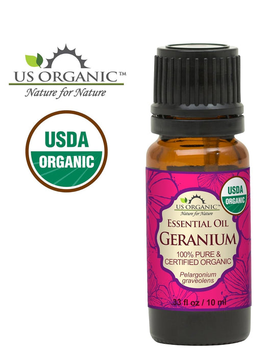 US Organic 100% Pure Geranium Essential Oil - USDA Certified Organic, Steam Distilled - W/Euro droppers (More Size Variations Available) (10 ml / .33 fl oz)