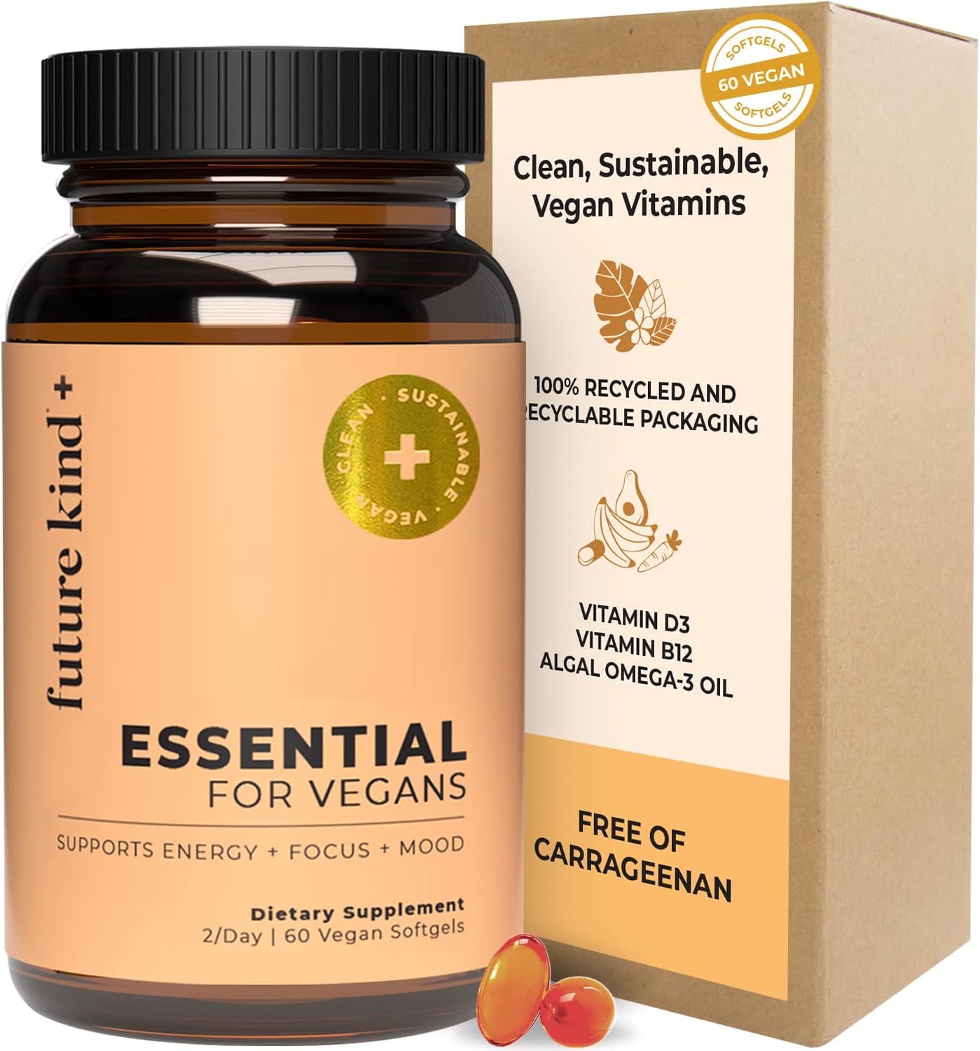 Future Kind Vegan Multivitamins - Glass Bottle & Made For Vegans W/Omega 3 Dha+Epa, Vitamin B12 & D3 - Vegan Vitamin For Energy, Focus, & Mood - Vegan Vitamins For Women & Men, 60 Tiny Softgels
