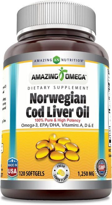 Amazing Omega Norwegian Cod Liver Oil 1250 Mg Softgels Supplement | Omega-3, Epa, Dha, Vitamin A, Vitamin D & Vitamin E (Lemon | 60 Count)