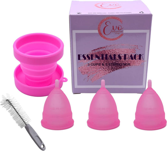 Menstrual Cup 3 Pack - Steriliser and Cleaning Brush - Soft Medical Grade Silicone Period Menstruation Cups - for Comfort and Fit - Size Large and Small - Sanitary Pad and Tampon Alternative (Large)