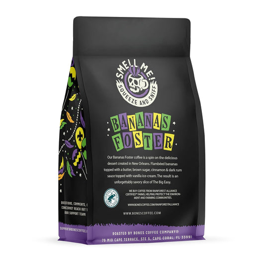 Bones Coffee Company Bananas Foster Flavored Coffee Beans, Medium Roast Ground Coffee Low Acid, Banana Rum & Vanilla Flavor (12 Oz)