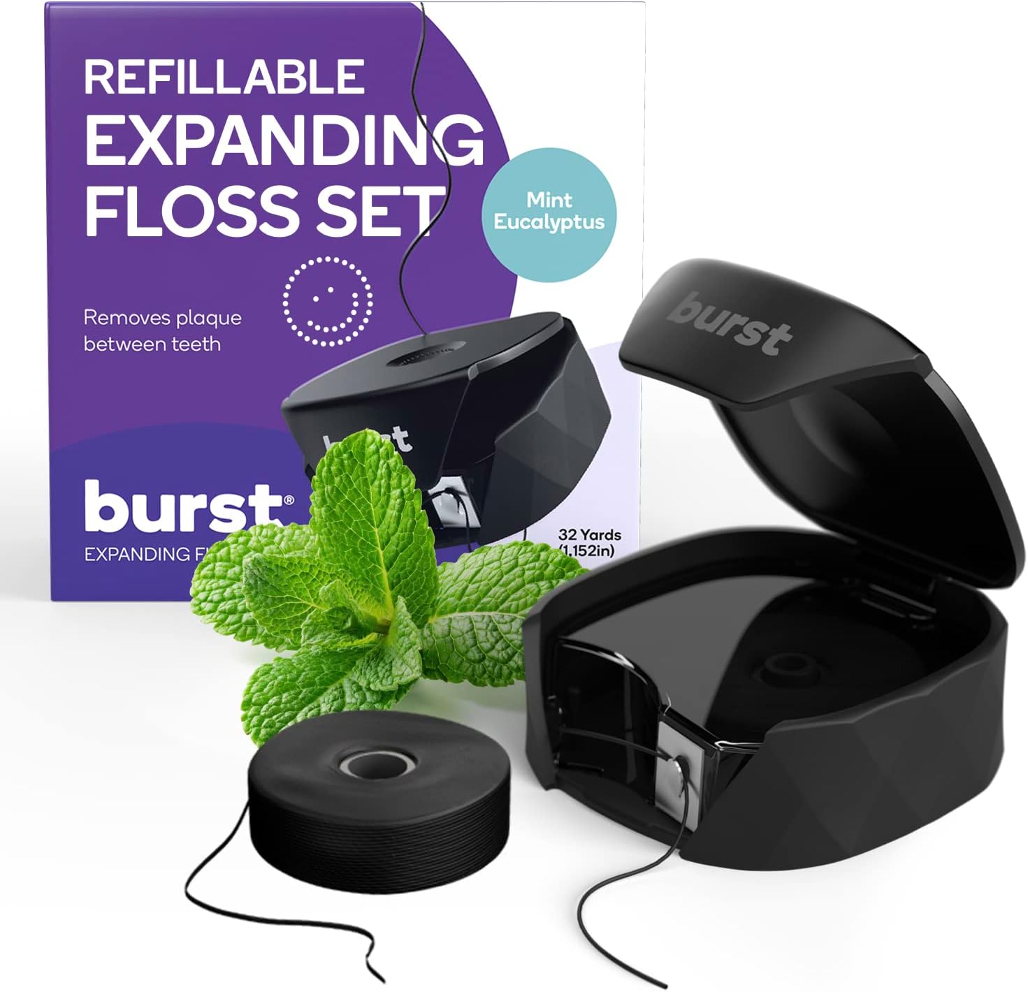 BURST Refillable Dental Floss Dispenser Set - Mint Eucalyptus Scent - Charcoal Coated, Expanding Floss - Stain-Absorbing, Woven Tooth Floss - Black Case + 32 Yards Charcoal Floss