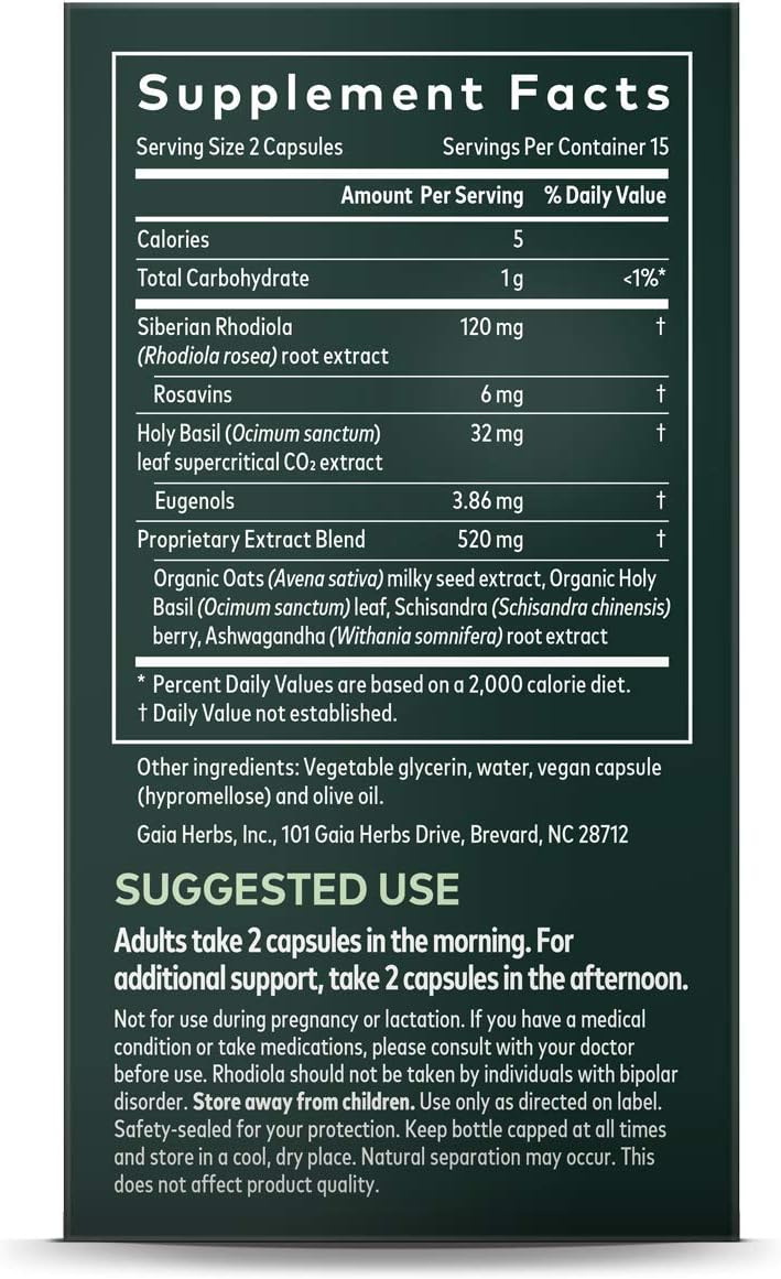 Gaia Herbs Stress Response - Stress Support Supplement with Rhodiola - Ashwagandha Capsules with Holy Basil & Oats - Herbal Supplements with Schisandra - 30 Vegan Liq Phyto-Caps