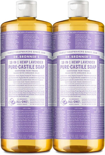 Dr. Bronner's - Pure-Castile Liquid Soap (Lavender, 32 ounce, 2-Pack) - Made with Organic Oils, 18-in-1 Uses: Face, Body, Hair, Laundry, Pets and Dishes, Concentrated, Vegan, Non-GMO
