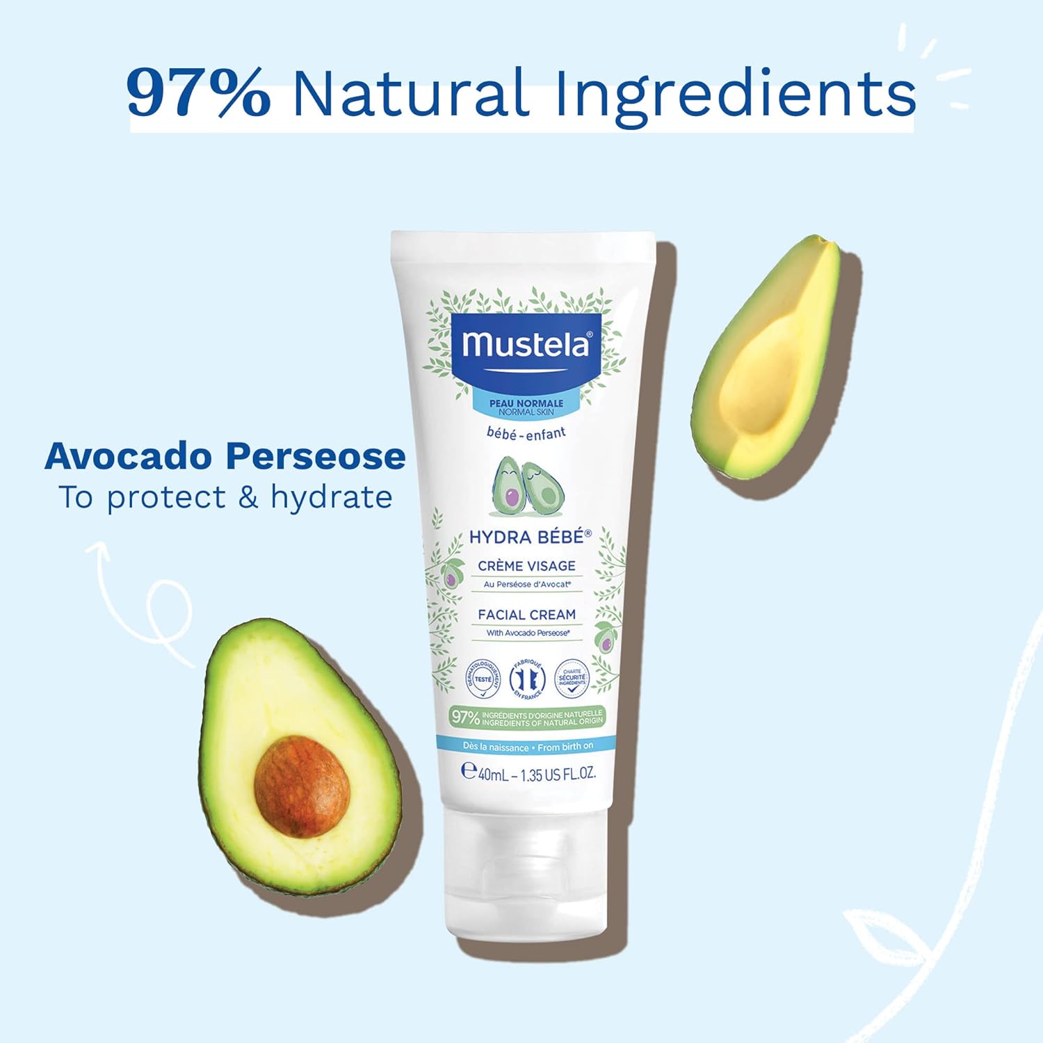 Mustela Hydra Bebe Face Cream - Daily Baby Moisturizer with Natural Avocado, Jojoba Oil - 1.35 fl. oz : Baby