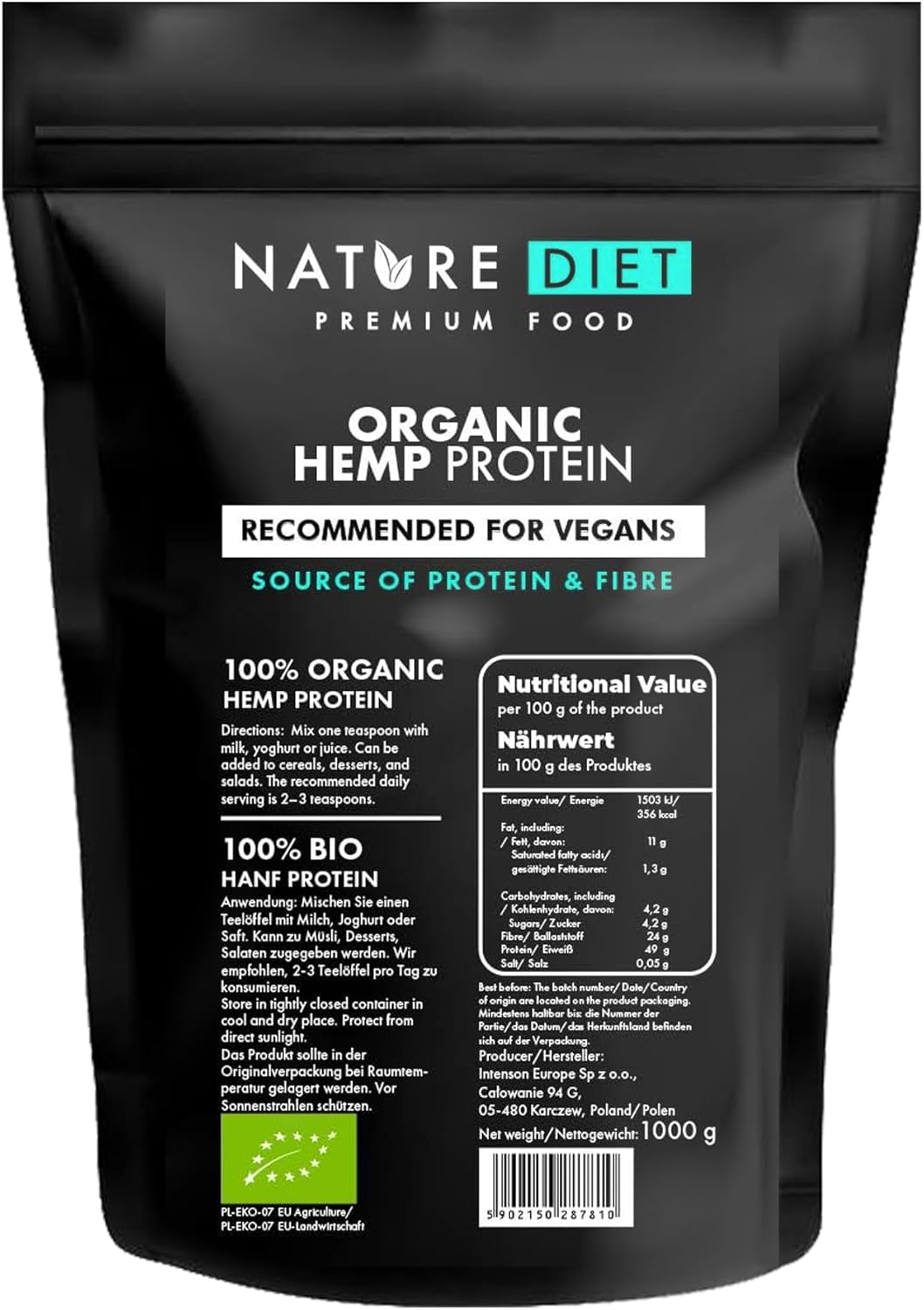 Nature Diet Bio Hemp Protein | 500 G | Eu-Certified Organic | Plant-Based Protein Powder | High In Fibre | Vegan, Gluten-Free & Lactose-Free | Ideal For Smoothies, Shakes & Baking