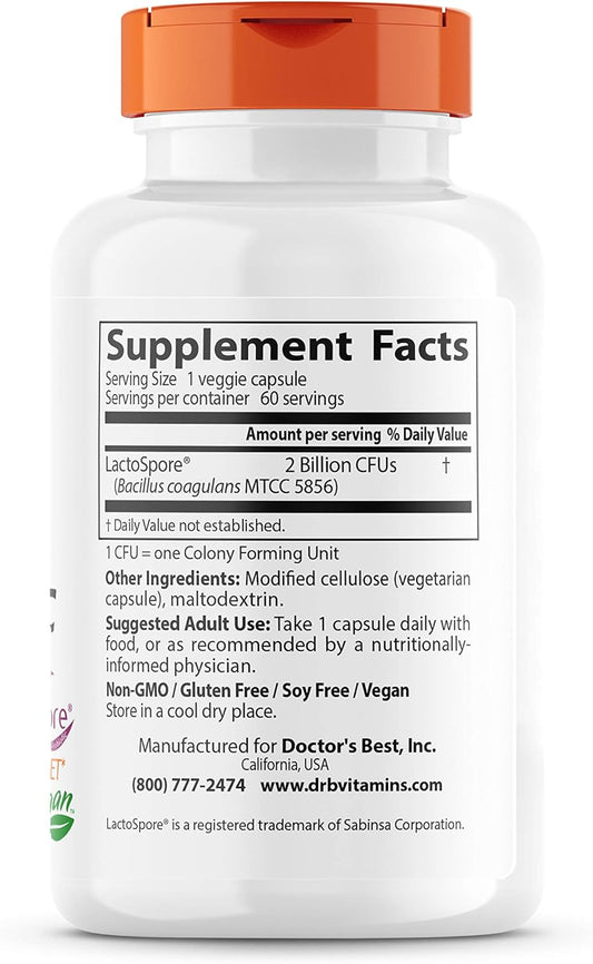 Doctor'S Best Digestive Health Probiotic 2 Billion With Lactospore, Non-Gmo, Vegan, Gluten Free, Soy Free, 60 Veggie Caps (Drb-00464)