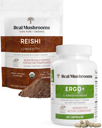 Real Mushrooms Ergothioneine (60Ct) And Reishi Organic Powder (45 Servings) Bundle With Shiitake And Oyster Mushroom Extracts - Longevity And Relaxation -Vegan, Gluten Free, Non-Gmo