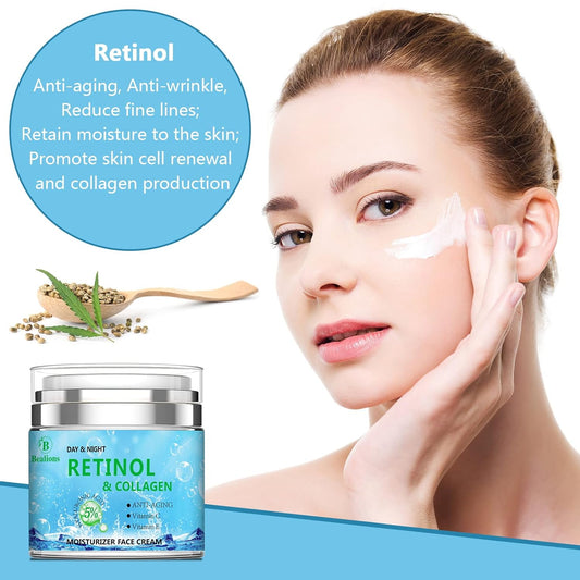 Retinol Cream for Face, Collagen Cream With Hyaluronic Acid for Anti-Aging & Face Moisturizing, Moisturizer Face Cream for Firming Skin and Anti-Wrinkle, for Face With Vitamin C+E Natural-Ingredient