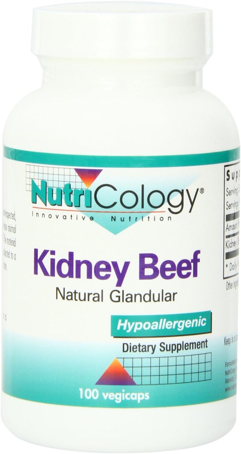 Nutricology Kidney Beef Supplement - Natural Glandular, Freeze-Dried, Bovine, Lyophilized, Beef Organ, 500mg Vegetarian Capsules - 100 Count