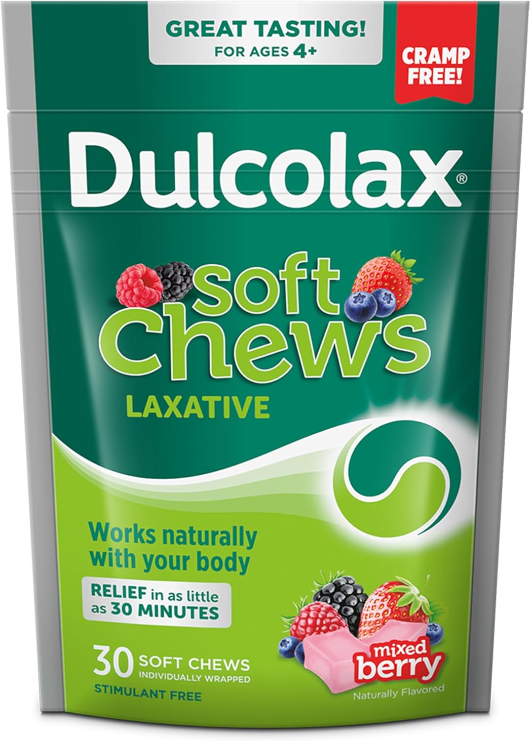 Dulcolax Saline Laxative Soft Chews, Gentle Constipation Relief, Mixed Berry Flavor, Magnesium Hydroxide 1200 Mg, 30 Count