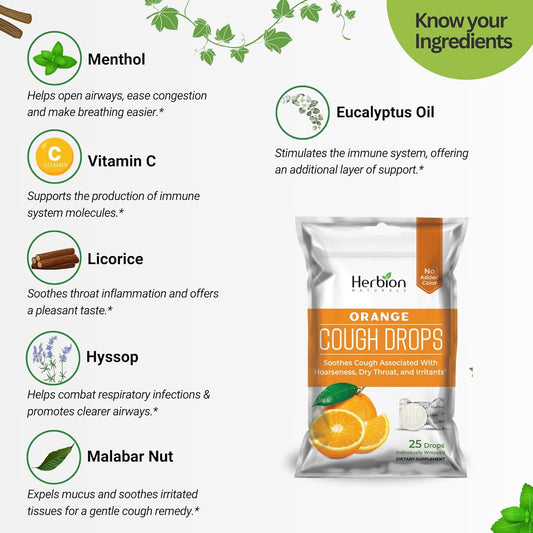 Herbion Naturals Cough Drops With Natural Orange Flavor, Dietary Supplement, Soothes Cough, For Adults And Children Over 6 Years, 25 Drops, No Artificial Flavor, No Added Color