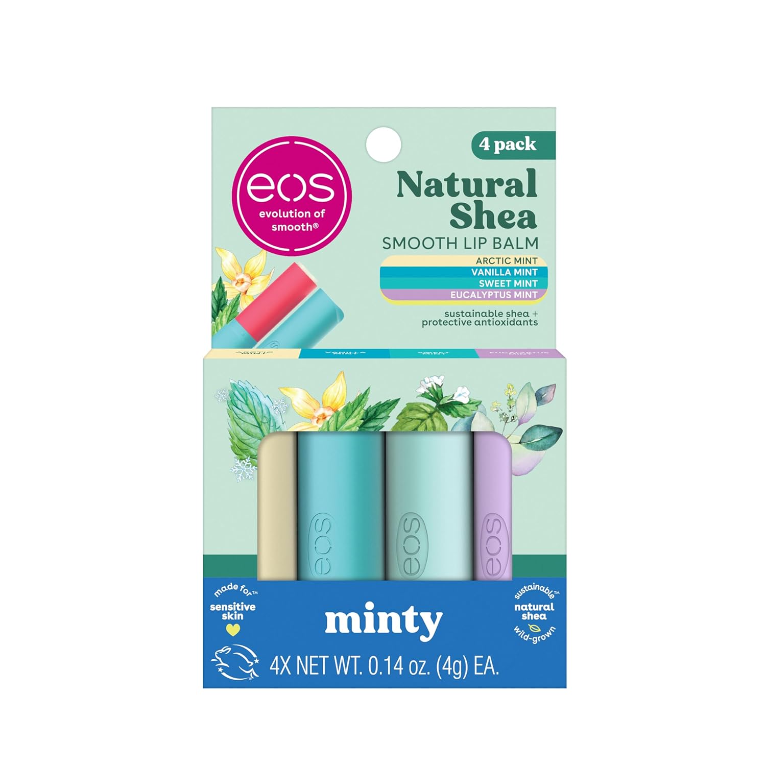 eos Natural Shea Minty Lip Balm Variet Pack- Artic Mint, Vanilla Mint, Sweet Mint, Eucalyptus Mint, All-Day Moisture Lip Balm Gift Set, 0.14 oz, 4-Pack