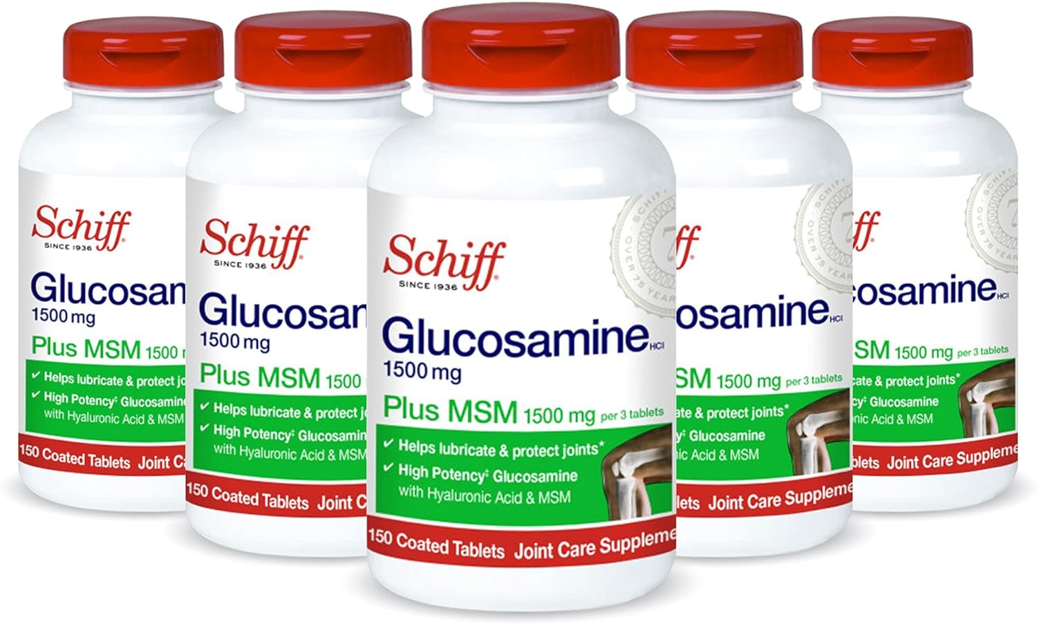 Schiff Glucosamine 1500mg Plus MSM and Hyaluronic Acid, 150 Tablets - Joint Supplement (Pack of 5)