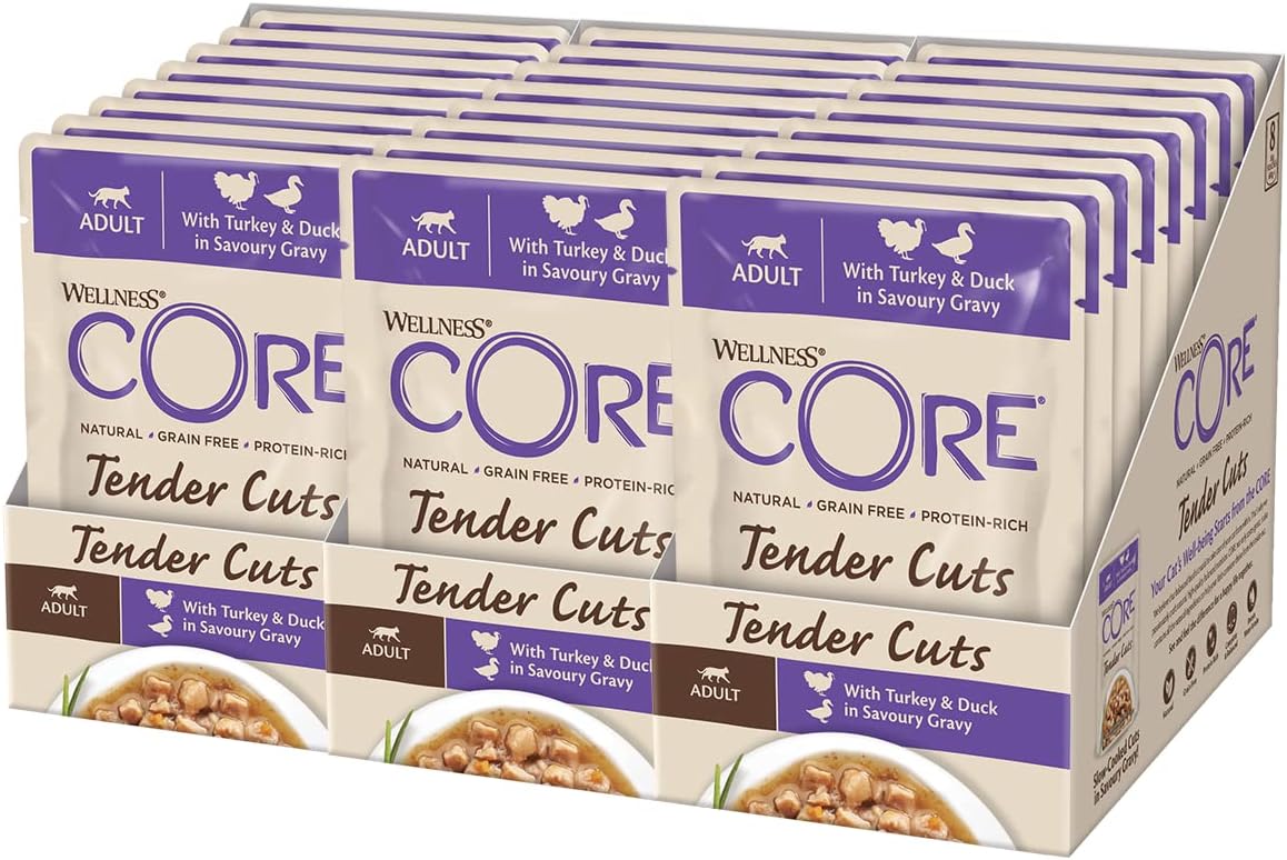 Wellness CORE Tender Cuts, Wet Cat Food, Cat Food Wet with Tender Pieces in Sauce, Grain Free, High Meat Content, Turkey & Duck, 24 x 85 g?10664