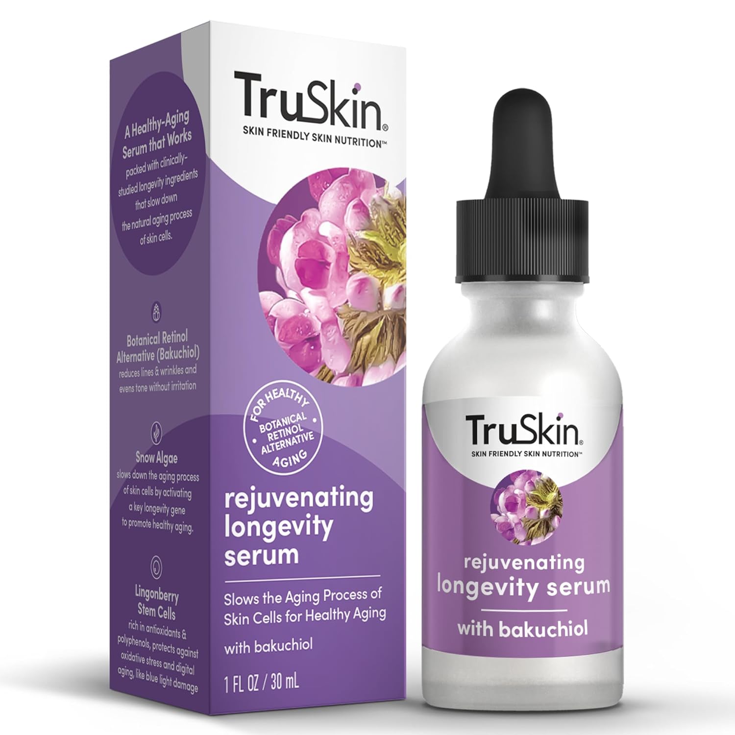 TruSkin Longevity Rejuvenating Face Serum – Bakuchiol Serum with Lingonberry Stem Cells & Snow Algae – Skin Care Made to Help Transition from Anti Aging to Healthy Aging – 1 fl oz