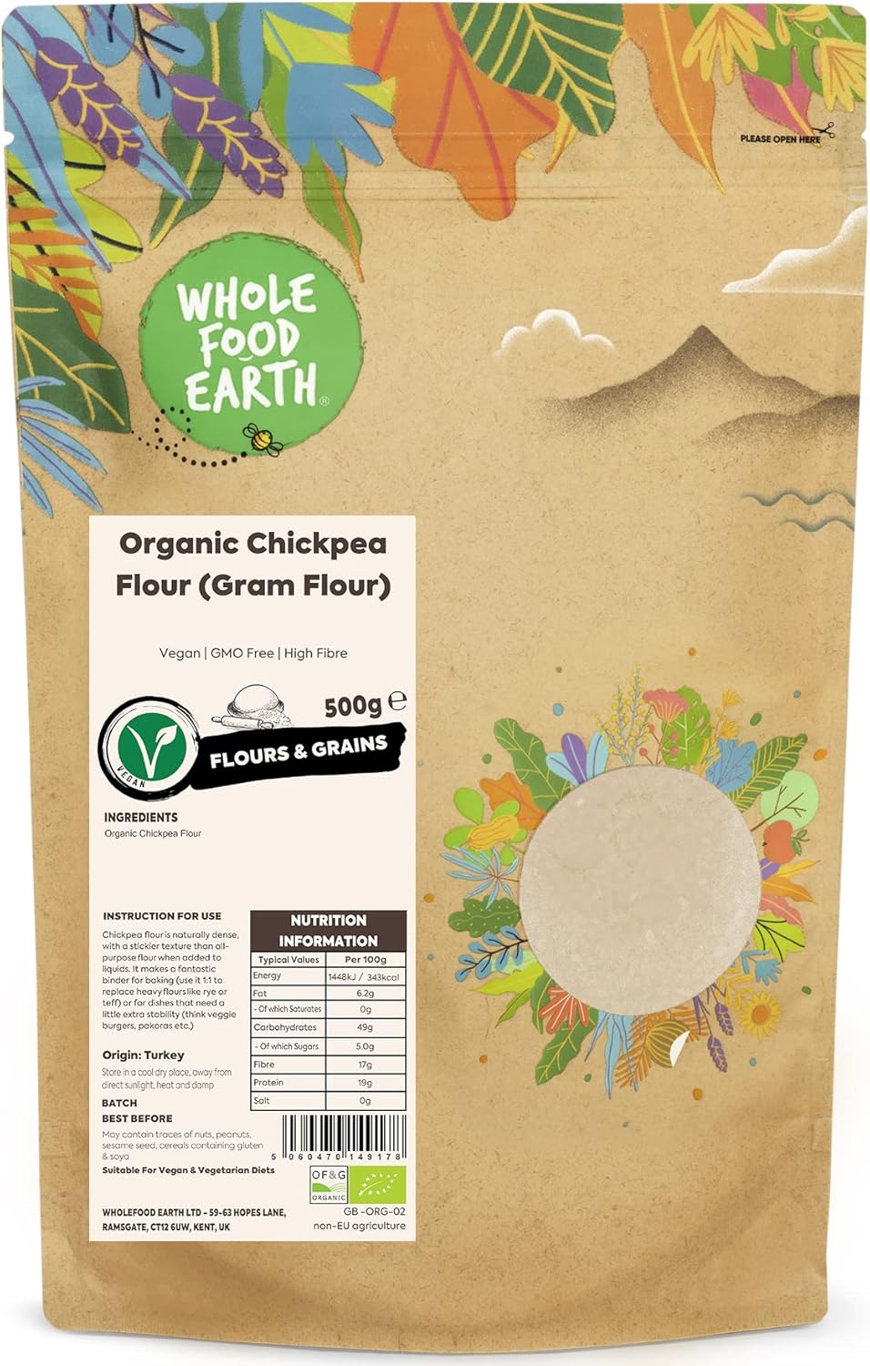 Wholefood Earth Organic Chickpea Flour (Gram Flour) – 500G | Vegan | Gmo Free | High Fibre | Certified Organic