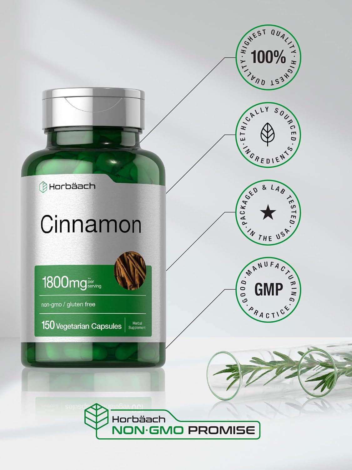 Horbaach Cinnamon Capsules 1800mg | 150 Count | Ceylon Cinnamon Supplement | Vegetarian, Non-GMO, Gluten Free : Health & Household