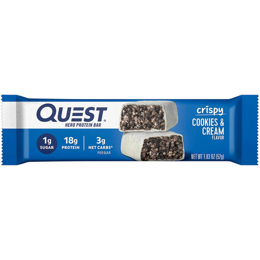 Quest Nutrition Crispy Cookies & Cream Hero Protein Bar, 18G Protein, 1G Sugar, 3G Net Carb, Gluten Free Protein Snack, Keto Friendly, 12 Count