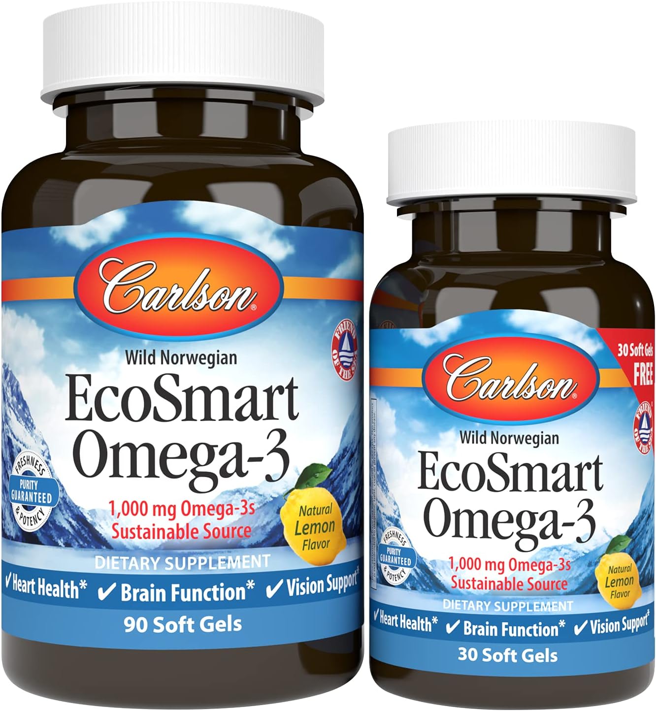 Carlson - Ecosmart Omega-3, 1000 Mg Omega-3S Sustainable Source, Heart Health, Brain Function & Vision Support, Lemon, 90+30 Soft Gels