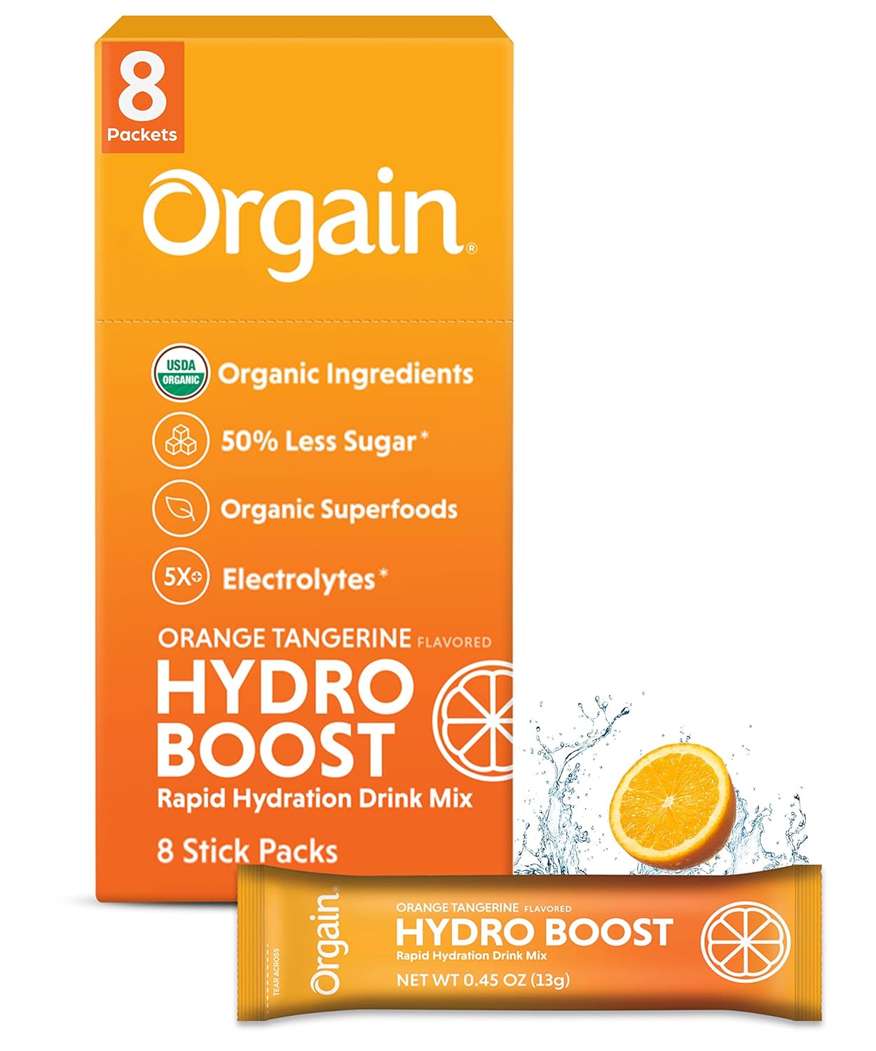 Orgain Organic Hydration Packets, Electrolytes Powder - Orange Tangerine Hydro Boost with Superfoods, Gluten-Free, Soy Free, Vegan, Non GMO, Less Sugar than Sports Drinks, Travel Packets, 8 Count
