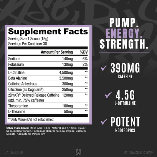 RYSE Up Supplements Loaded Pre Workout Powder Supplement for Men & Women | Pumps, Energy, Focus | Beta Alanine + Citrulline | 390mg Caffeine | 30 Servings (Bazooka Grape)