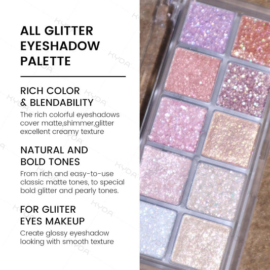 Kyda 10 Colors All Glitter Eyeshadow Palette, Sparkling Sequin Eyeshadow, Shiny Pearl Powder Eye Shadow, Multicolor Glitters Eyes Makeup, Pink Glitters Eyeshadsow Palette, Glitter Eyes Color