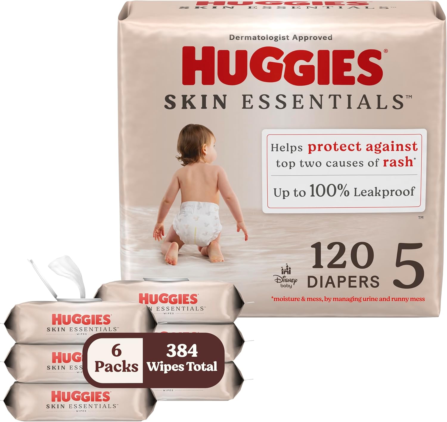 Bundle Of Huggies Size 5 Diapers, Skin Essentials Baby Diapers, Size 5 (27+ Lbs), 120 Count (2 Packs Of 60) + Huggies Skin Essentials Baby Wipes, 99% Water, 6 Flip Top Packs (336 Wipes Total)