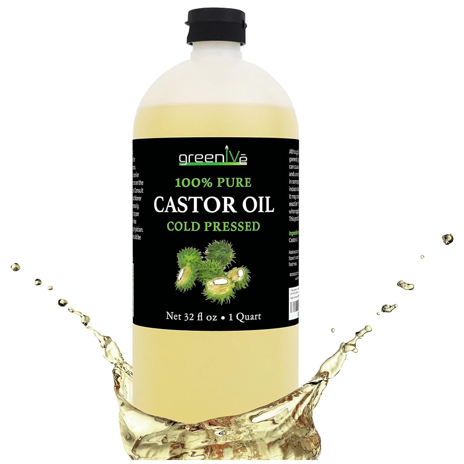 Greenive Castor Oil Organically Grown 100% Pure 32Oz Bottle Cold Pressed, Hexane Free, Eyelash And Eyebrow Growth Serum, Skin Moisturizer Detox And Wraps