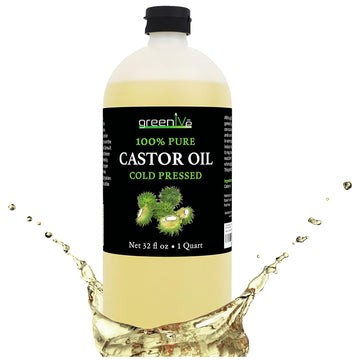 Greenive Castor Oil Organically Grown 100% Pure 32Oz Bottle Cold Pressed, Hexane Free, Eyelash And Eyebrow Growth Serum, Skin Moisturizer Detox And Wraps
