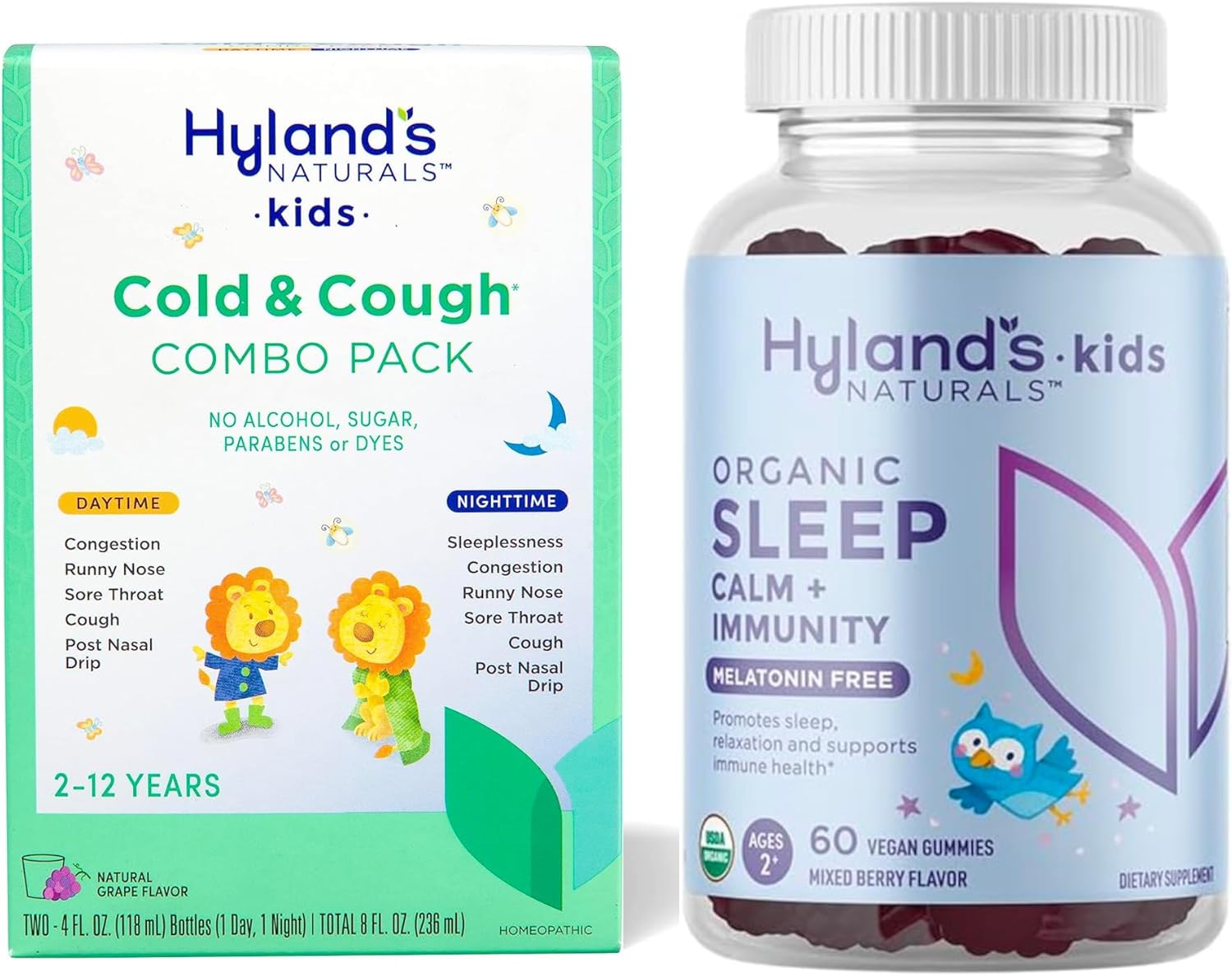 Hyland'S Kids Cold & Cough, Day/Night Combo Pack, Cold Medicine For Ages 2+, Syrup Cough Medicine + Organic Sleep, Calm + Immunity With Chamomile, Elderberry & Passion Flower 60 Vegan Gummies