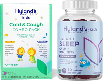 Hyland'S Kids Cold & Cough, Day/Night Combo Pack, Cold Medicine For Ages 2+, Syrup Cough Medicine + Organic Sleep, Calm + Immunity With Chamomile, Elderberry & Passion Flower 60 Vegan Gummies