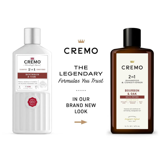 Cremo Bourbon & Oak Barber Grade 2-In-1 Shampoo & Conditioner, 16 Fl Oz (2-Pack) - A Sophisticated Blend Of Distiller’S Spice, Fine Bourbon And White Oak