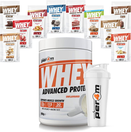 Per4M Advanced Whey Protein Powder | 30 Serving Low Sugar Protein Shake With Amino Acids | Perfect For Your Gym Bag And Travel | Shaker & 5 Mixed Selection Sachets (900G, Chocolate Pistachio)