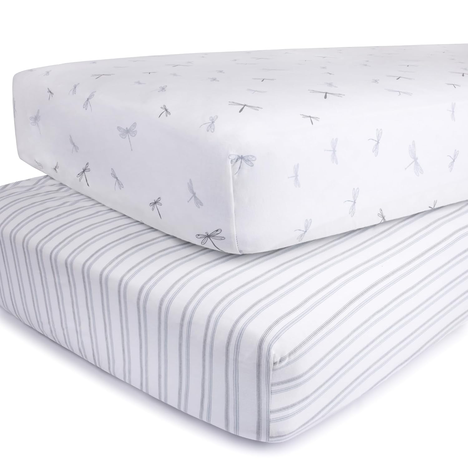 Ely’S & Co. Crib Sheets, Baby Girl/Boy Fitted Crib Mattress Sheet Set, 2 Pack, 100% Jersey Knit Cotton, Infant And Toddler Nursery Bedding, Dragonflies + Stripes Print, 28” X 52”