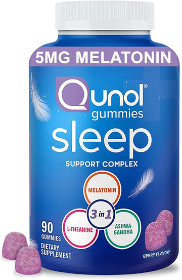 Qunol Sleep Gummies for Adults, 3-in-1 Melatonin Gummies, Sleep Aid Featuring Melatonin 5mg, Ashwagandha and L-Theanine, Fall Asleep Faster and Stay Asleep Longer to Wake Up Refreshed, 90 Count